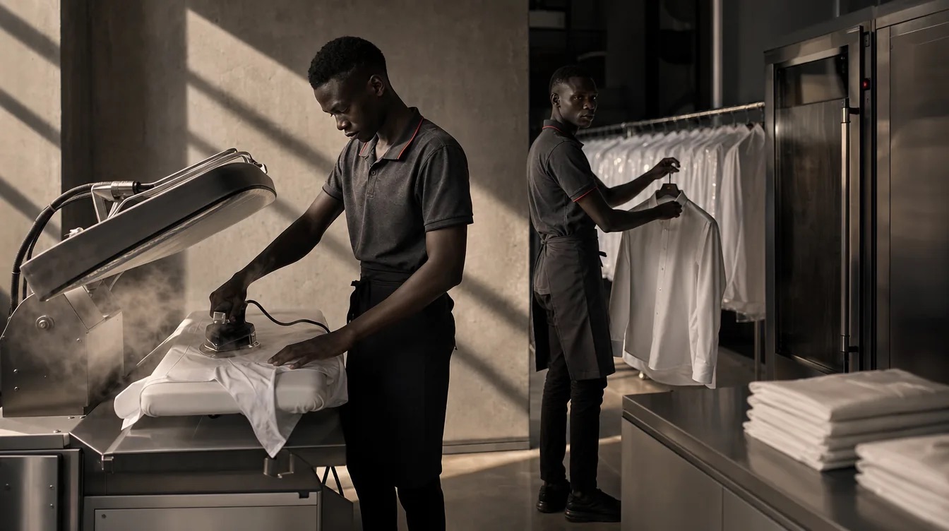 Staff steam pressing garments at LG Pick and Drop Laundry in Juba